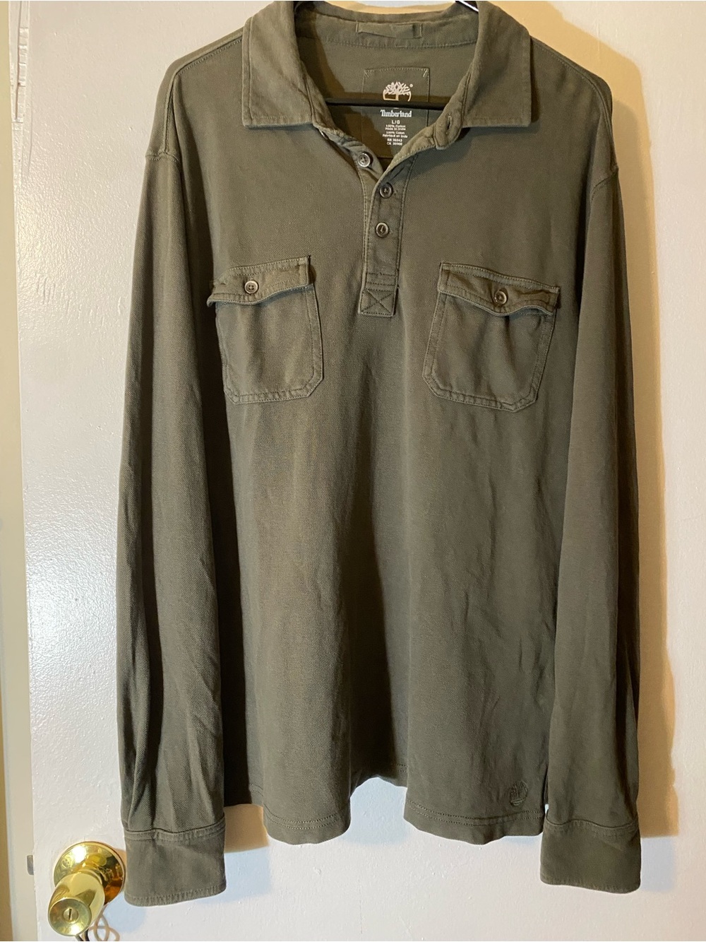Timberland Olive Green Long-Sleeve Polo with Chest Pockets